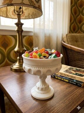 Vintage White Milk Glass Compote Candy Dish with Colorful Candies